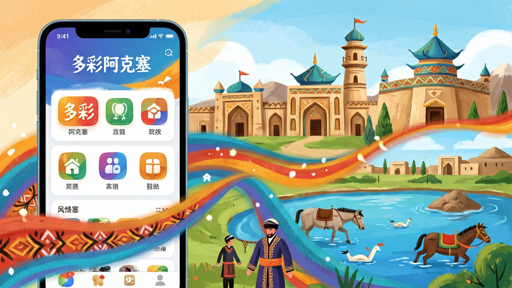 主体:多彩阿克塞APP界面与阿克塞县地标建筑及哈萨克族文化元素融合的宽幅数字插画;布局:画面左侧为手机屏幕展示APP主界面,右侧为阿克塞县著名的民族风情园、苏干湖等自然与人文景观,中间以飘逸的彩带相连;排版:手机界面与实景前后错落,彩带贯穿引导视线,整体构图饱满均衡;风格:现代扁平化结合手绘质感,色彩明快鲜艳,突出“多彩”主题;细节:手机屏幕上清晰显示“多彩阿克塞”字样及功能图标,背景中的建筑纹样、民族服饰纹样精致可辨;画质:4K超高清,干净无多余元素