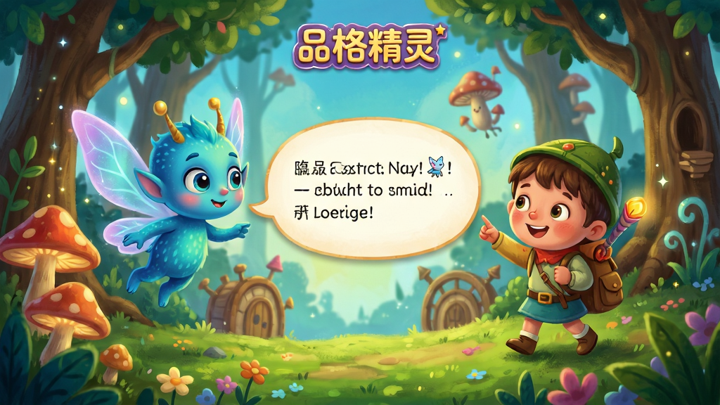品格精灵App的故事播放页面,主体为卡通精灵与小朋友一起冒险的场景,画面中央有对话气泡,布局饱满,排版具有叙事感,风格为童话绘本风,色彩绚丽,细节丰富,画质高清,无多余元素,包含“品格精灵”标识。