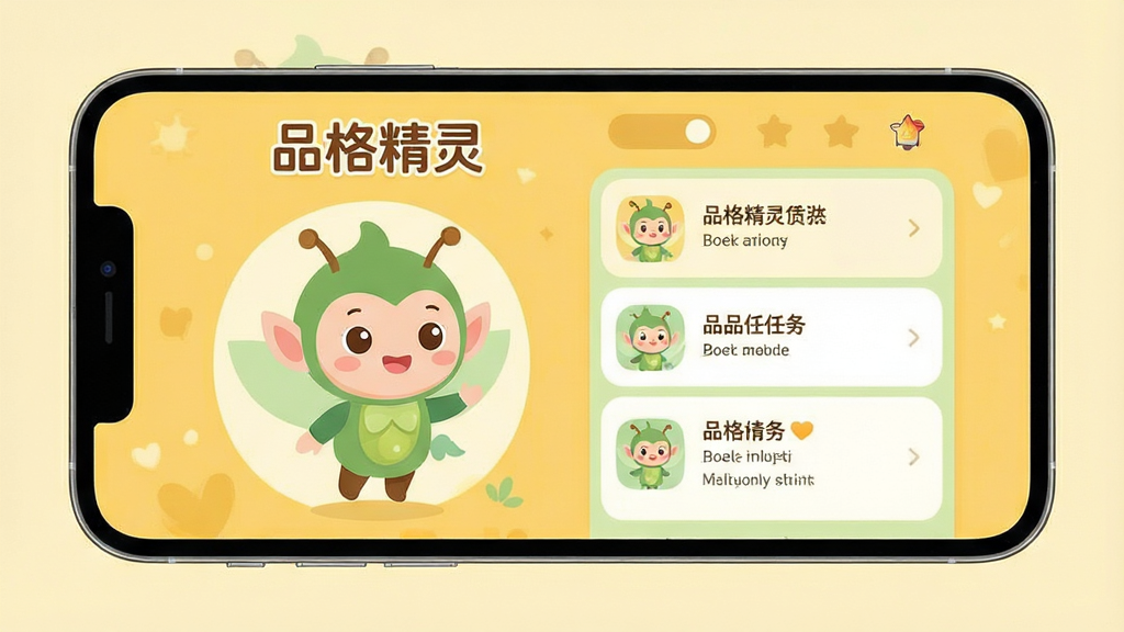 一张温馨的儿童教育主题手机应用预览图,主体为“品格精灵”APP界面展示,居中构图,左侧是卡通精灵角色,右侧是品格任务列表,整体排版清晰明快,采用暖黄色与淡绿色为主的柔和色彩,扁平化插画风格,细节丰富,画质高清干净,无多余元素,屏幕上清晰显示“品格精灵”四个字。