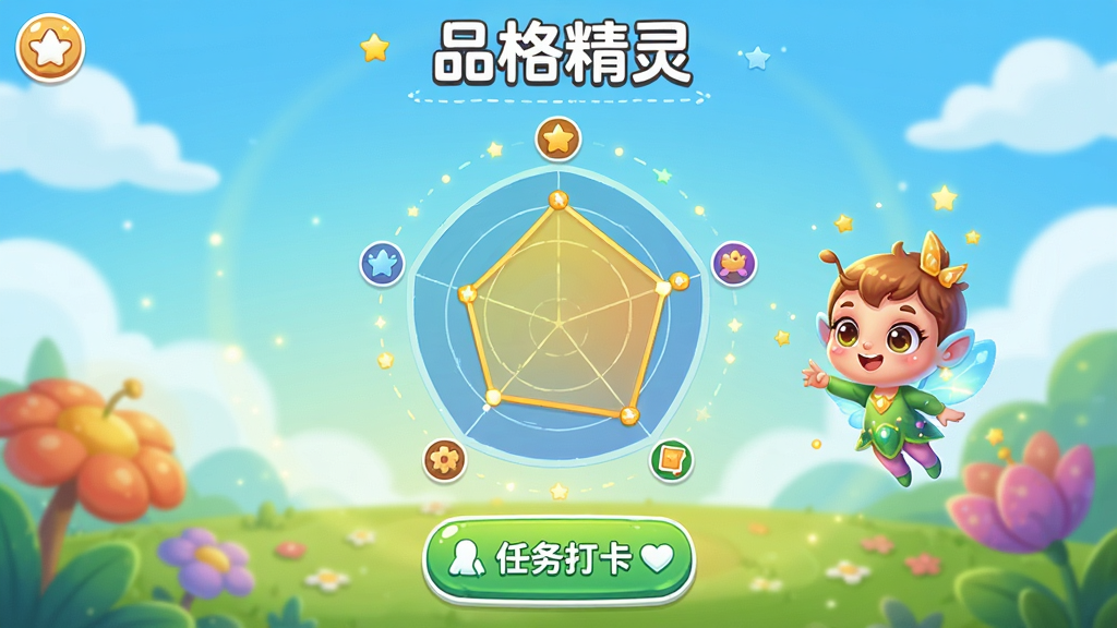 品格精灵App的品格养成界面截图,主体为雷达图与精灵成长动画,布局居中,下方有任务打卡按钮,排版简洁直观,风格活泼卡通,色彩明亮,细节丰富,画质高清,无多余元素,顶部显示“品格精灵”字样。