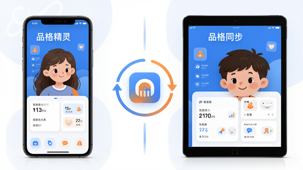 品格精灵App的家庭共育数据页面,主体为家长手机与孩子平板并排展示,中间有数据同步图标,布局对称,排版清晰,风格现代简约,色彩以蓝色和橙色为主,细节丰富,画质高清,无多余元素,显示“品格精灵”名称。