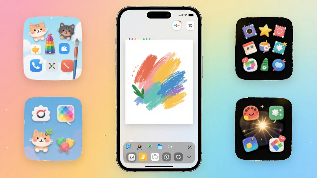 绘涂小组件主界面展示,手机屏幕中央显示绘画画布与底部工具栏,周围悬浮着多个精美的桌面小组件预览,背景为渐变色,整体风格清新明亮,画质干净无多余元素