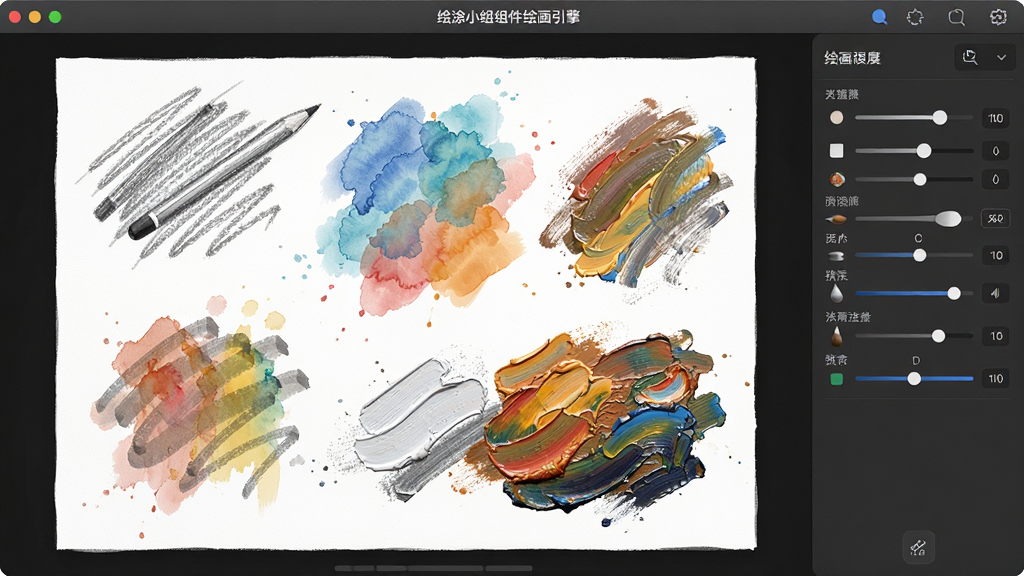 绘涂小组件绘画引擎展示,画布上呈现多种笔触效果,包括铅笔线条、水彩晕染、油画质感,右侧工具栏显示画笔参数调节面板,界面简洁专业,画质高清