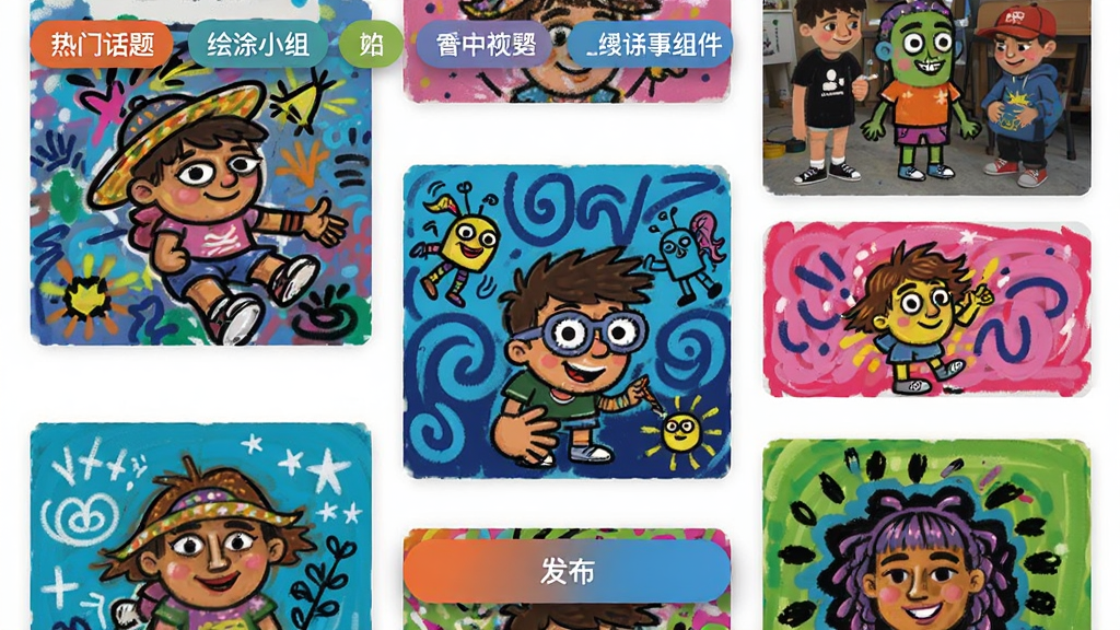 绘涂小组件社区页面展示,瀑布流布局展示用户涂鸦作品,顶部有热门话题标签,底部有发布按钮,界面色彩丰富,具有社交氛围,画质清晰