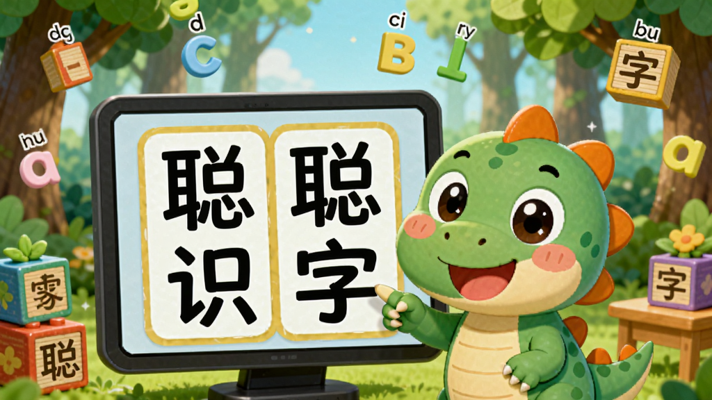 画面主体为可爱卡通形象“聪聪”小恐龙,正指着屏幕上的汉字卡片,卡片上写有“聪聪识字”四个大字,背景是色彩明快的森林教室,周围漂浮着拼音字母和汉字积木,整体布局居中,排版活泼,卡通绘本风格,细节丰富,画质高清,干净无多余元素