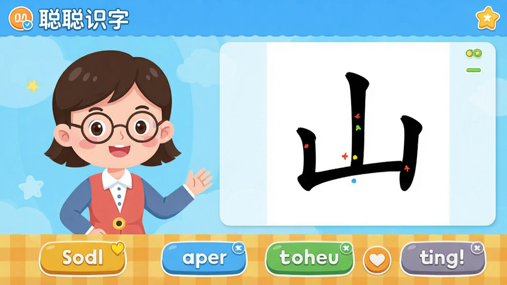 画面主体为“聪聪识字”软件界面截图,左侧是卡通老师形象,右侧是汉字“山”的笔画演示动画,下方有多个互动按钮,整体布局清晰,排版整洁,扁平化设计风格,色彩鲜艳,细节精致,画质清晰,干净无多余元素