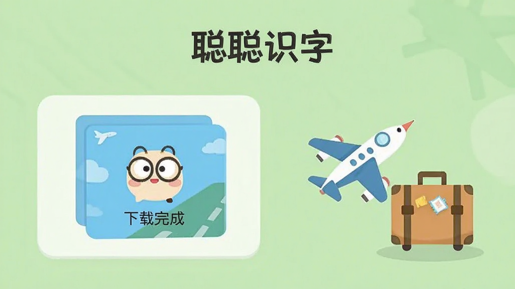 画面主体为“聪聪识字”的下载管理界面,显示课程包已下载完成,旁边有飞机和行李箱图标表示外出场景,背景是浅绿色,布局直观,排版简洁,扁平化风格,细节明了,画质高清,干净无多余元素