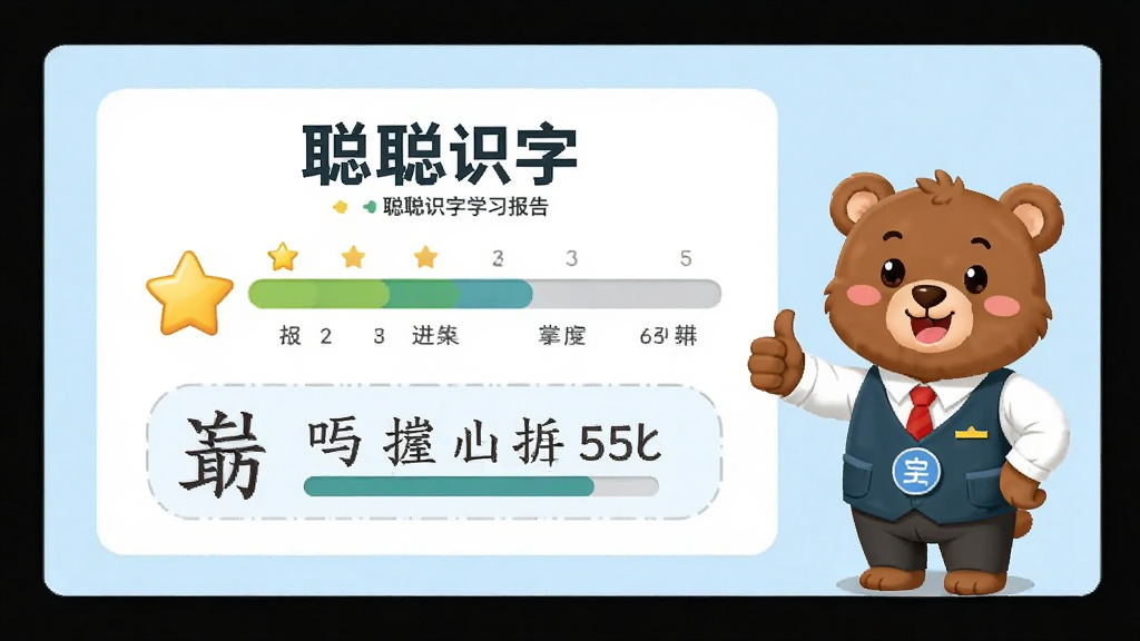 画面主体为“聪聪识字”的学习报告页面,展示星星进度条和汉字掌握百分比,右侧是卡通小熊老师竖起大拇指,背景是淡蓝色,布局清晰,排版规整,简约商务风格,细节丰富,画质干净,无多余元素