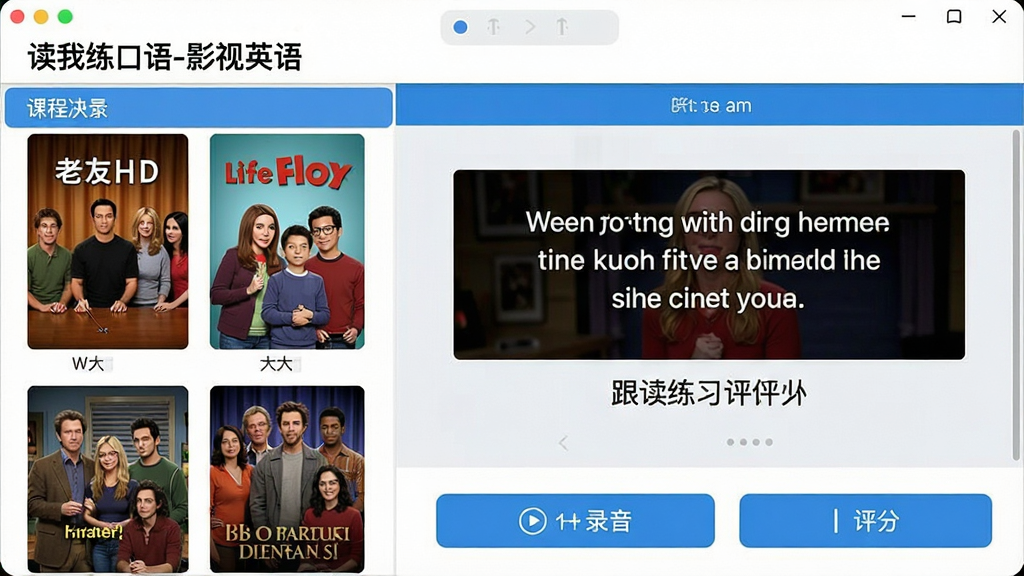 一张展示“读我练口语-影视英语”软件主界面的高清截图,界面风格简洁明亮,左侧是课程列表,包含《老友记》《生活大爆炸》等热门美剧封面,右侧是跟读练习区域,显示一句英文台词和对应的中文翻译,下方是录音和评分按钮,整体色调以蓝色和白色为主,画质清晰,干净无多余元素