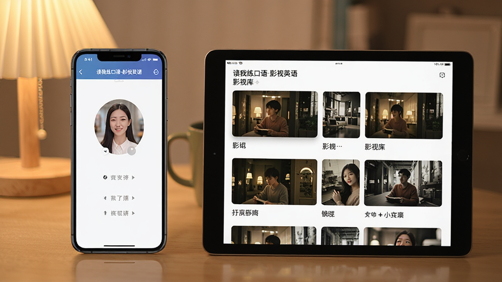 一张展示“读我练口语-影视英语”软件在手机和平板上使用的场景图,手机屏幕上显示跟读练习界面,平板电脑上显示影视库页面,周围环境温馨,光线柔和,画质清晰,干净无多余元素