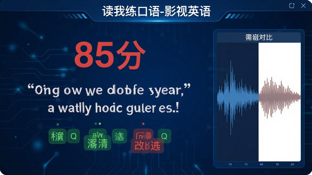 一张展示“读我练口语-影视英语”软件智能评分界面的图片,中央是一句英文台词,台词上方有“85分”的红色大号字体评分,下方用绿色标注发音标准的单词,用红色标注需要改进的单词,右侧是发音波形图对比,整体界面科技感强,深蓝色背景,白色文字,画质清晰,干净无多余元素