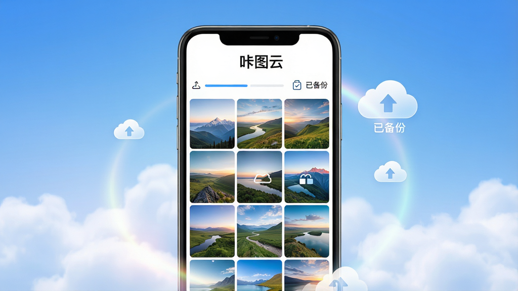 主体:手机屏幕展示咔图云APP界面,界面中有大量精美的风景照片网格布局,顶部有“咔图云”品牌字样。布局:手机居中,屏幕内容清晰可见,周围有柔和的云朵和光效元素,背景为渐变蓝色天空。排版:手机屏幕内照片排列整齐,品牌logo明显。风格:现代科技感与艺术感结合,色彩明亮通透。细节:屏幕中显示上传进度条和“已备份”图标,云端同步符号点缀。画质:8k超高清,细节丰富,画面干净,无多余元素。