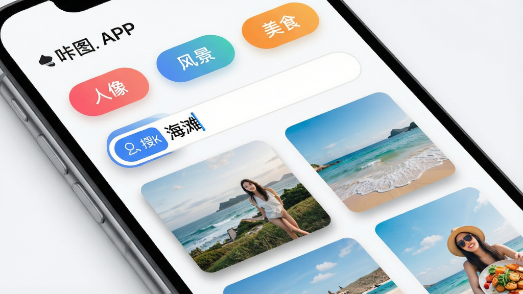 主体:咔图云APP的智能分类界面,屏幕上有多个分类标签如“人像”、“风景”、“美食”,下方为对应的照片缩略图。布局:上方标签栏,下方瀑布流照片墙。排版:标签圆润彩色,照片缩略图带阴影效果。风格:简洁现代UI设计,浅色背景。细节:一个搜索框高亮显示,输入文字“海滩”后出现相关照片。画质:4k清晰,色彩自然,画面干净。