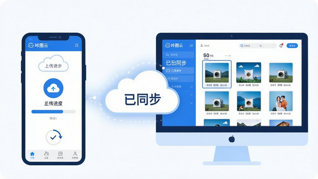 主体:一部手机和一台电脑同时显示咔图云界面,数据同步图标闪烁。布局:手机在左,电脑在右,中间有云朵连接。排版:界面布局清晰,有“已同步”字样。风格:扁平化矢量风格,蓝白配色。细节:手机屏幕显示上传进度,电脑屏幕显示照片库。画质:高清干净,无多余元素。