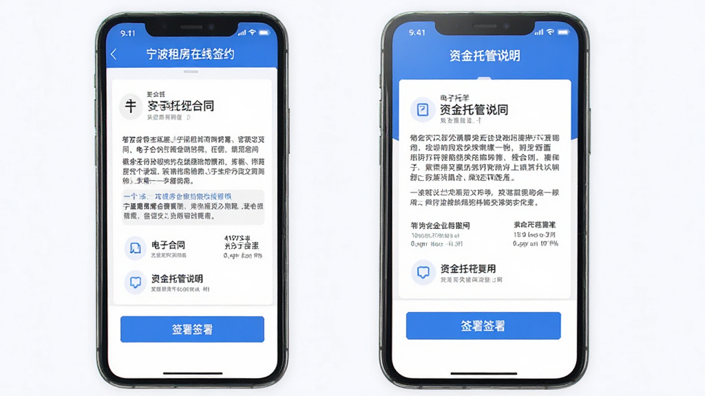 宁波租房在线签约界面,手机屏幕显示电子合同与签署按钮,资金托管说明清晰,界面正式严谨,蓝色调为主,画质干净,无多余元素