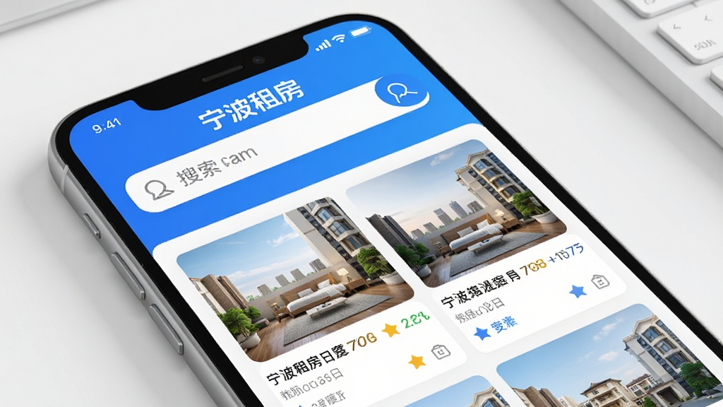 宁波租房app主界面展示,手机屏幕显示房源列表,上方搜索栏醒目,整体风格清爽简洁,突出“宁波租房”品牌标识,界面布局合理,色彩以蓝白为主,高清渲染,干净无多余元素
