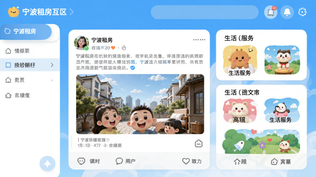 宁波租房社区互动界面,展示用户帖子与生活服务入口,界面活泼友好,色彩明亮,画质清晰,无多余元素
