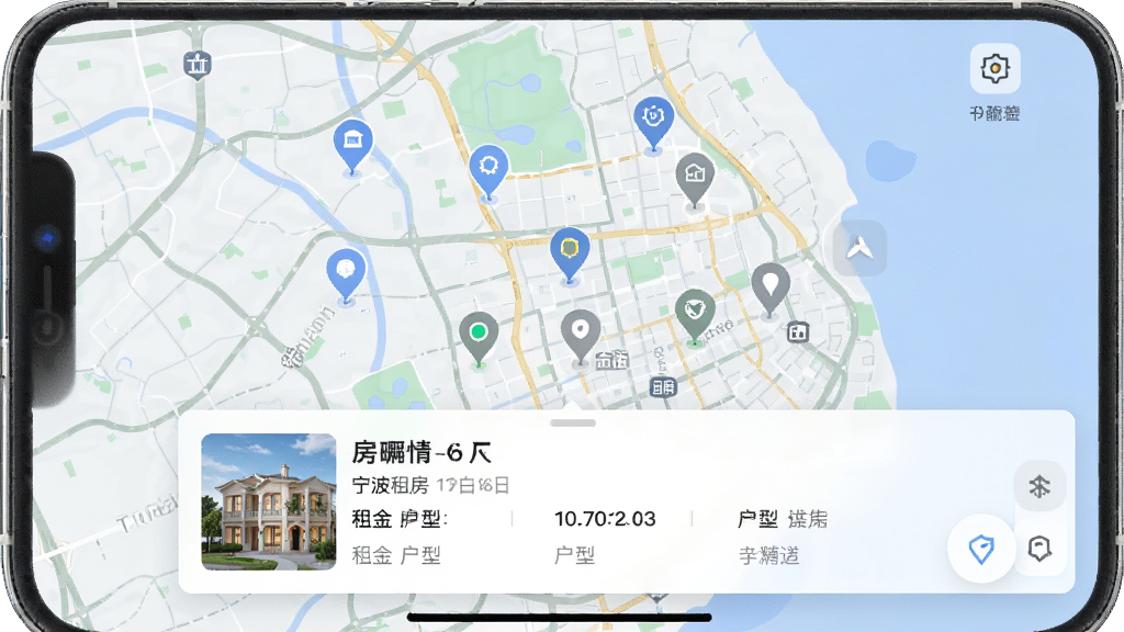 宁波租房地图找房功能,手机地图上分布房源标记点,底部弹出房源详情卡片,显示租金与户型,界面直观易用,风格简约现代,画质高清,无多余元素