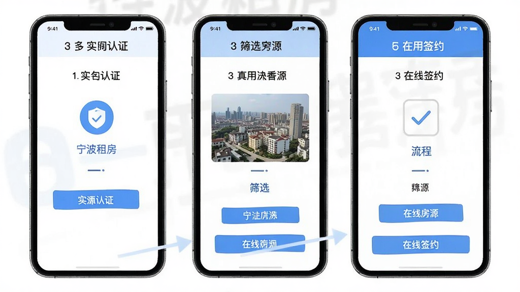 宁波租房使用教程界面,展示手机操作步骤,包括实名认证、筛选房源、在线签约等流程,界面清晰,步骤明确,画质干净,无多余元素