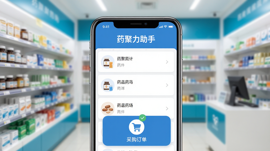 画面主体为智能手机屏幕展示“药聚力助手”主界面,界面含有药品列表、采购订单图标,背景为模糊的现代药店货架,整体布局居中,采用扁平化设计风格,色调以蓝色和白色为主,细节包括屏幕内清晰显示“药聚力助手”字样,画质高清干净,无多余元素。