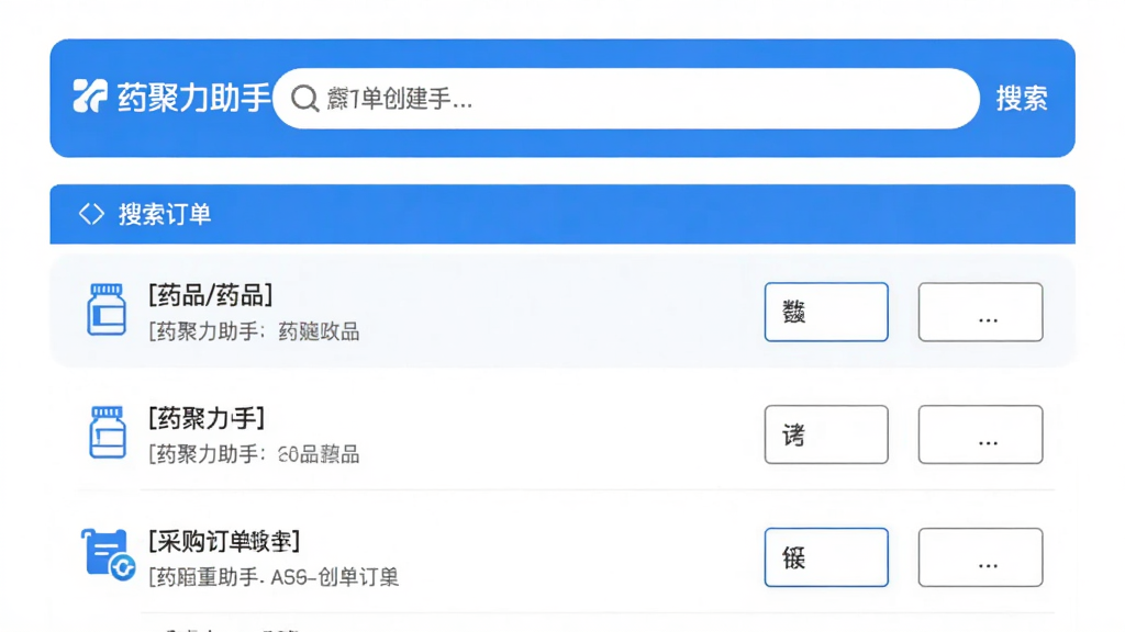 主体为药聚力助手App的采购订单创建页面截图,布局为列表形式,上方搜索栏突出,下方展示药品条目与数量输入框,风格简洁商务,以蓝白配色为主,细节标注“药聚力助手”Logo,画质清晰,无多余元素。
