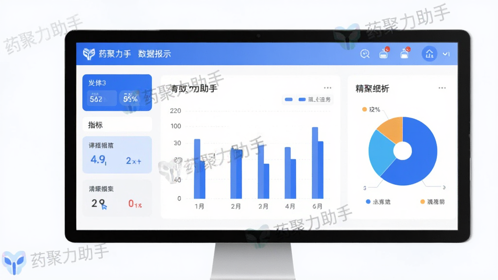 主体为药聚力助手App的数据报表页面,显示柱状图与饼图,布局左右分栏,左侧为指标卡片,右侧为图表区域,风格现代简约,以白色为底、蓝色点缀,细节包含“药聚力助手”水印,画质高清,无多余元素。
