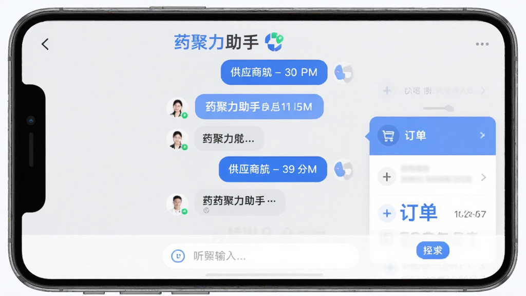 主体为药聚力助手App的供应商聊天界面,包含对话气泡和订单卡片,布局上下结构,顶部为供应商名称,中部为消息记录,底部为输入框,风格清爽柔和,浅灰背景搭配蓝色强调色,细节突出“药聚力助手”名称,画质干净无多余元素。