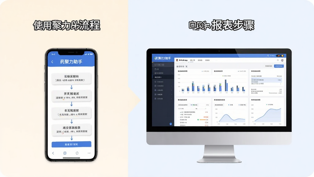 主体为使用药聚力助手App的步骤图,包含手机和电脑两个设备,布局左右对比,左侧手机显示采购流程,右侧电脑显示报表界面,风格简洁教程风,浅色背景,细节标注“药聚力助手”名称,画质干净无多余元素。