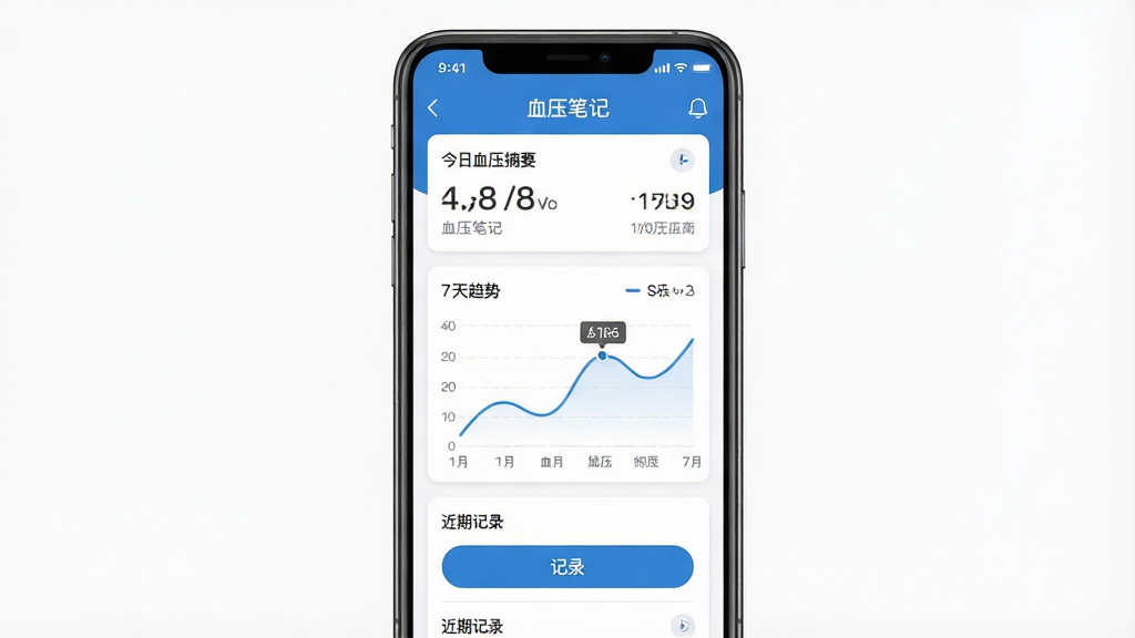 主体:智能手机屏幕展示“血压笔记”APP主界面,界面清晰显示血压数值曲线图与近期记录列表。布局:手机居中,屏幕内容面向观众,周围留白干净。排版:界面采用卡片式布局,顶部为今日血压摘要,中部为7天趋势折线图,底部为记录按钮。风格:扁平化设计,色调以蓝色和白色为主,体现医疗健康感。细节:屏幕中显示“血压笔记”字样,数据图表线条流畅,数字清晰。画质:高清渲染,干净无多余元素。
