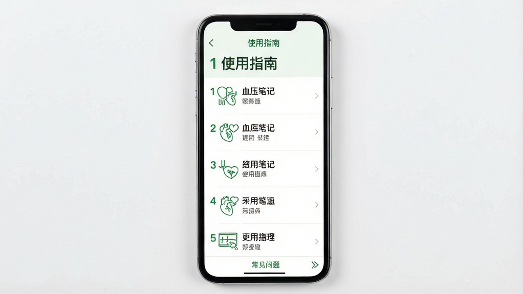 主体:手机屏幕展示“血压笔记”的“使用指南”页面,包含图文教程。布局:手机居中,屏幕内容为步骤列表,配有小型示意图标。排版:列表式布局,每步有编号和简短说明,背景为白色。风格:清新简洁,图标为线性风格,主色为绿色。细节:屏幕顶部标题“使用指南”,下方有“常见问题”入口。画质:高清,干净无多余元素。