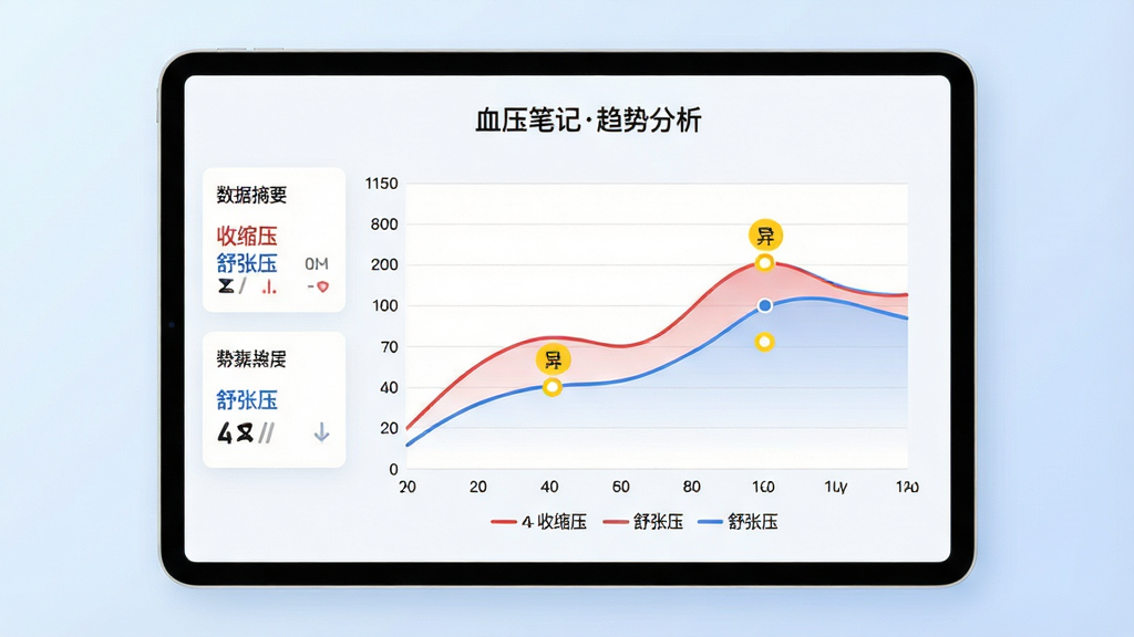 主体:平板电脑展示“血压笔记”的季度趋势图表,折线图平滑且标注异常点。布局:平板居中,屏幕占画面70%,背景为淡蓝色渐变。排版:图表为主,下方有图例说明,左侧有数据摘要卡片。风格:商务简约,线条清晰,颜色区分收缩压(红色)与舒张压(蓝色)。细节:图表上方标题“血压笔记趋势分析”,坐标轴刻度清晰,异常点用黄色圆圈标出。画质:高分辨率,干净整洁。