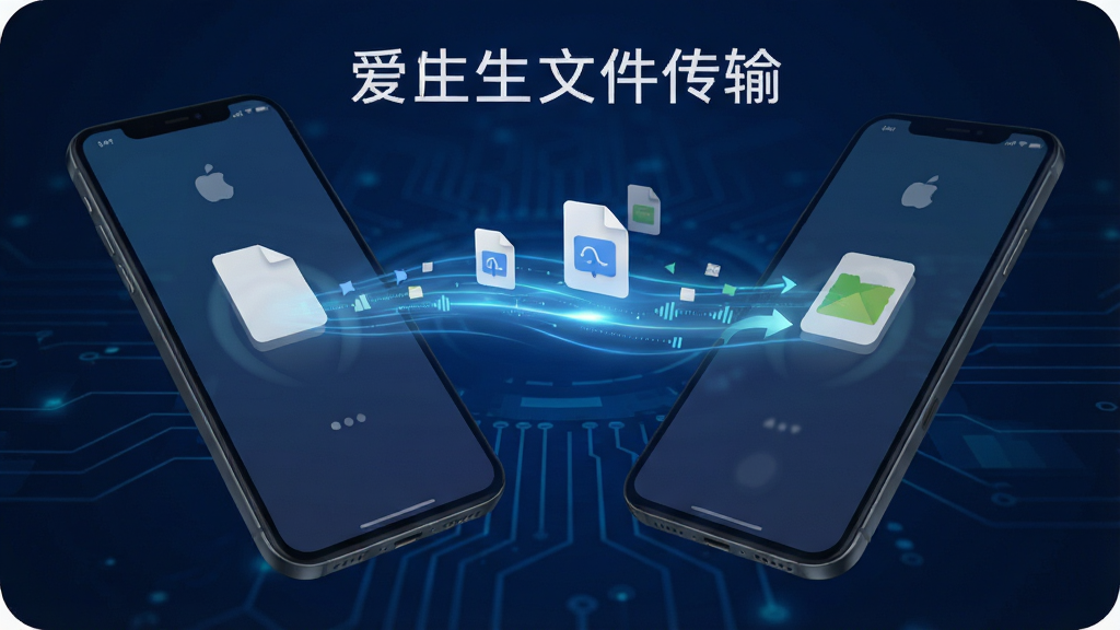 展示爱原生文件传输界面,两部手机之间出现数据流动的光效,文件图标悬浮在屏幕上,背景为深蓝色科技感风格,画质清晰,干净无多余元素,文字标注“爱原生文件传输”