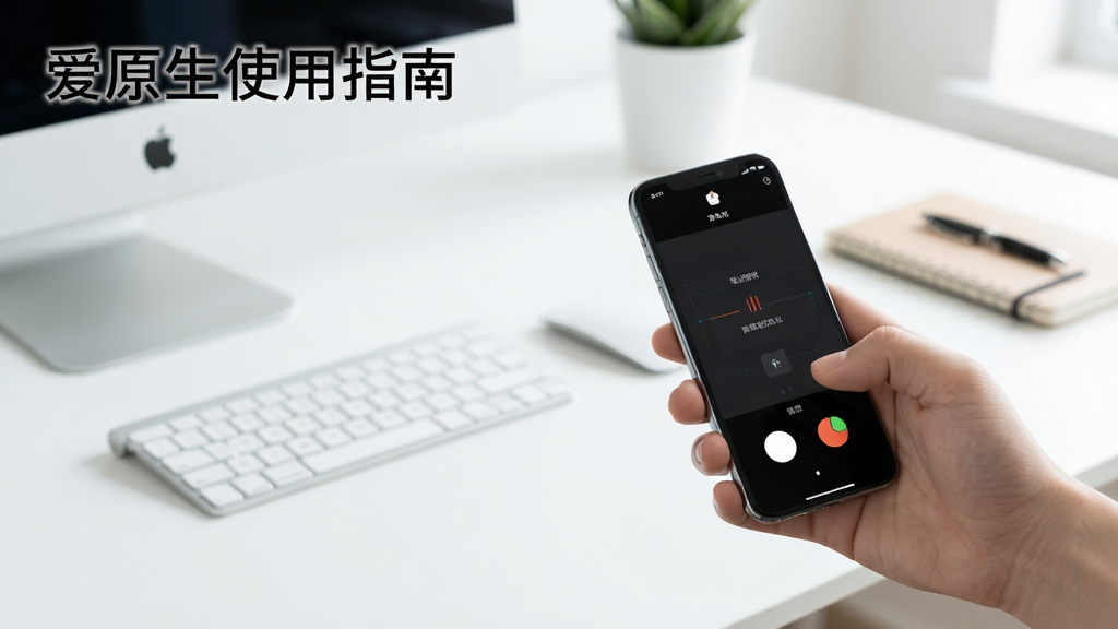 展示爱原生使用场景,一部手机正在远程控制另一部手机,屏幕中显示控制界面,背景为简约办公桌,光线明亮,画质清晰,干净无多余元素,文字标注“爱原生使用指南”