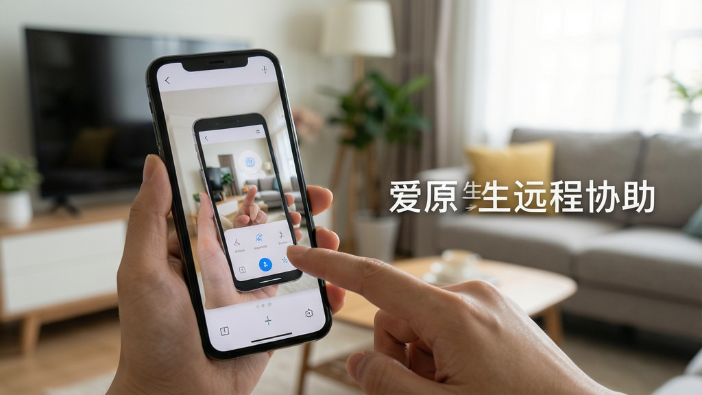 展示爱原生远程协助场景,一部手机显示另一部手机的屏幕画面,手指正在点击操作,背景为居家环境,画面清晰自然,风格写实,画质高清,干净无多余元素,文字标注“爱原生远程协助”
