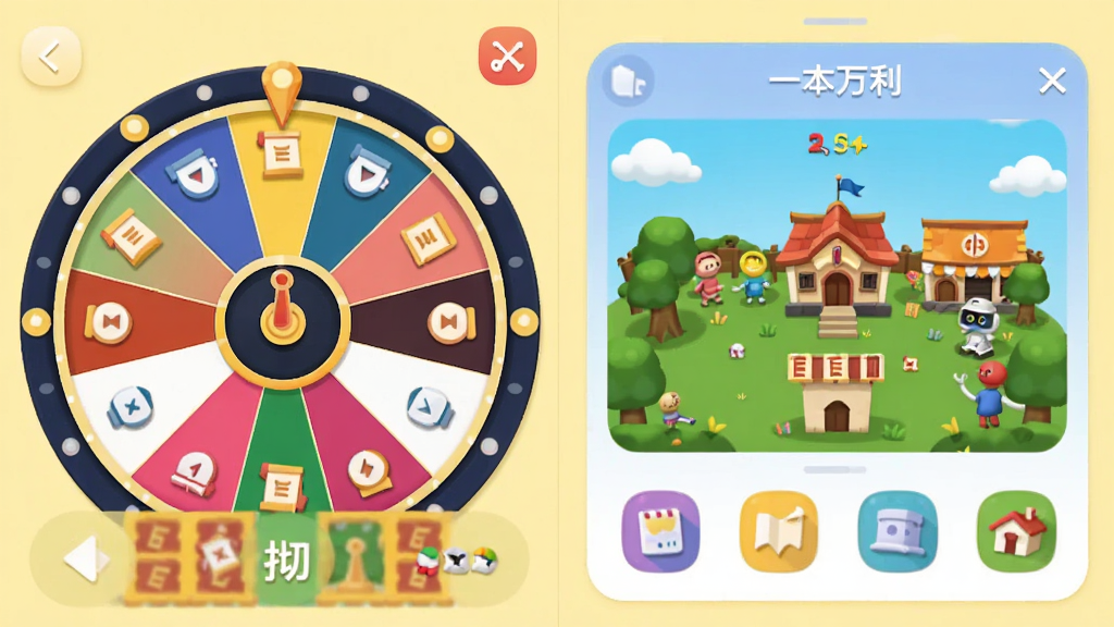 一本万利APP互动界面截图,展示轮盘抽奖与模拟经营面板,彩色扁平化图标,左右分屏布局,背景浅黄,圆角卡片设计,细节精致,画质干净