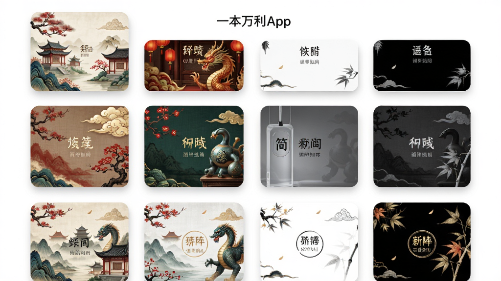 一本万利APP主题切换界面,展示多款皮肤缩略图,中国风与极简风对比,网格布局,背景纯白,柔和阴影,细节丰富,画质干净