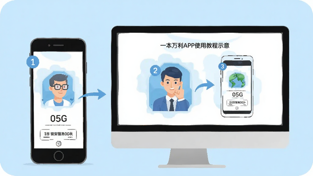 一本万利APP使用教程示意,手机与电脑并排,展示安装步骤,扁平化插画风格,浅蓝背景,步骤序号标注,画质干净