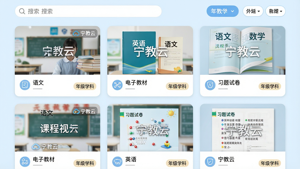 ���壺�����ƽ�����Դ��ҳ�棬չʾ�γ���Ƶ�����ӽ̲ġ�ϰ���Ծ�����Դ����ͼ���񡣲��֣������������У�ÿ�ſ�Ƭ��������ͼ�����⡢�꼶ѧ�Ʊ�ǩ���Ű棺��Ƭ��Сͳһ��������У��������������ͷ���ɸѡ��ť��������½����磬������������Ƭ��ɫԲ�ǣ�ͼ���ࡣϸ�ڣ���Ƭ�����ע�������ơ�ˮӡ���Լ������ġ�������ѧ������Ӣ���ѧ�����ơ����ʣ����壬�ɾ����޶���Ԫ�ء�