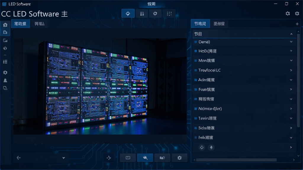 一张展示CC LED软件主界面的高清截图,界面包含LED屏幕预览区域和节目列表,背景为深蓝色科技风格,布局简洁明了,主体为软件操作面板,排版规整,风格现代,细节清晰,画质干净,无多余元素
