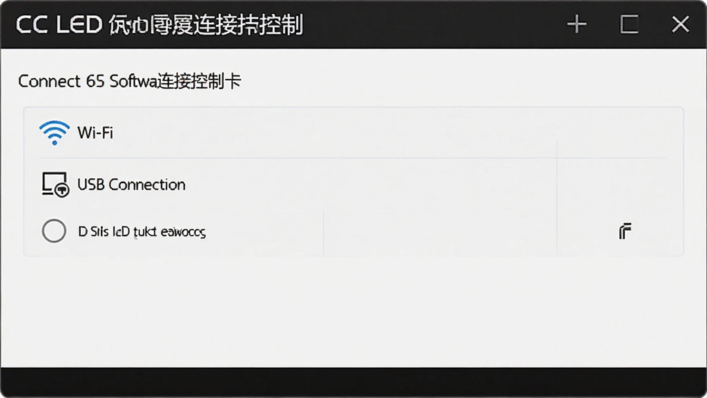 CC LED软件连接控制卡设置界面,显示Wi-Fi和USB连接选项,主体为连接配置页面,布局简洁,排版清晰,风格实用,细节真实,画质干净,无多余元素