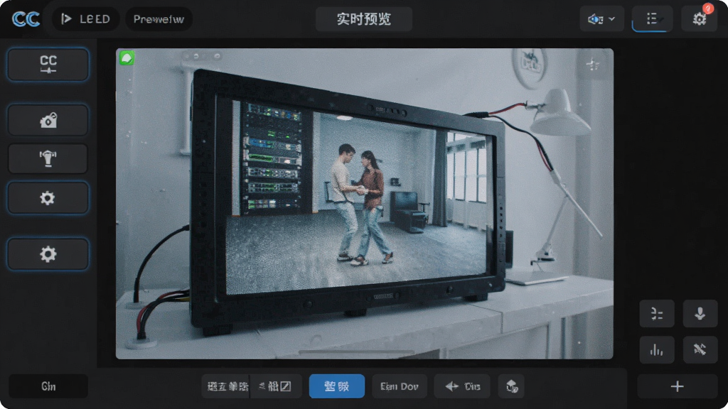 CC LED实时预览界面,显示LED屏幕正在播放画面,主体为模拟屏幕预览,布局中有多个调试工具按钮,排版直观,风格专业,细节清晰,画质干净,无多余元素