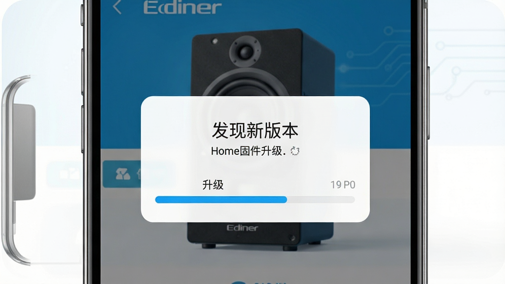 Edifier Home固件升级界面模拟图,手机屏幕显示“发现新版本”弹窗,下方有升级进度条,背景为音箱产品图,科技蓝配色,界面简洁,画质高清,干净无多余元素