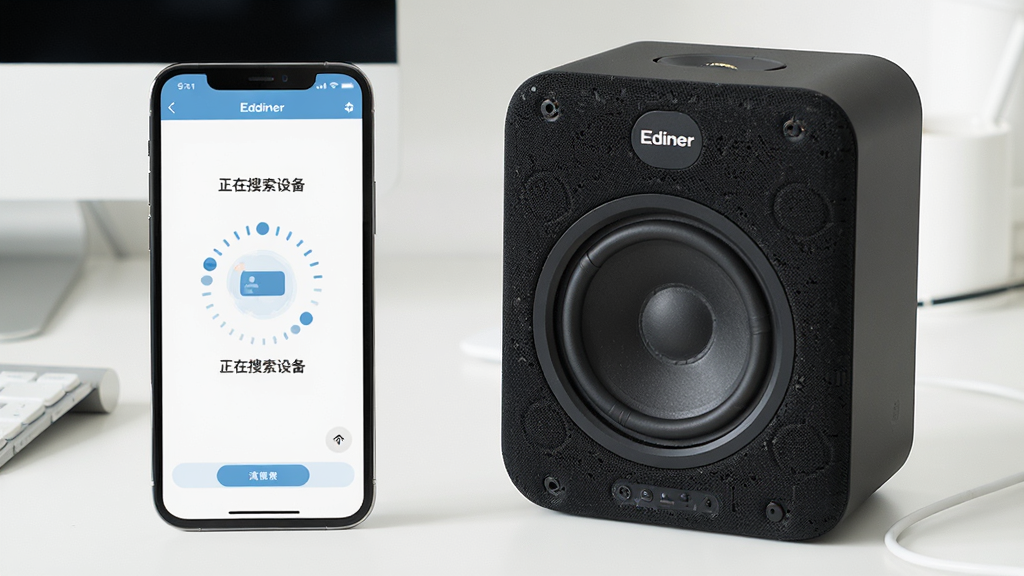 Edifier Home一键配网功能示意图,画面中手机应用界面显示“正在搜索设备”动画,旁边有一台漫步者音箱实体产品,背景为简洁桌面,光线明亮,构图以手机和音箱为主体,风格为扁平化插画结合实拍,画质干净,无多余元素