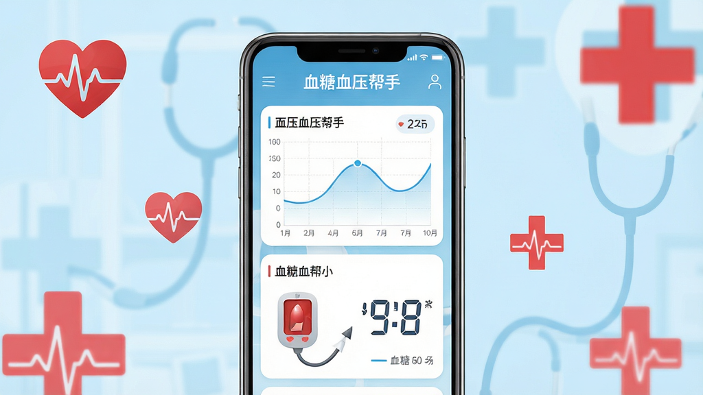 画面中央展示一款名为“血糖血压帮手”的智能手机应用界面,手机屏幕内显示血压和血糖的测量数据图表,背景为淡蓝色医疗风格,周围点缀着心电图标和红色十字标识,整体布局简洁清晰,排版注重数据可视化,风格现代且专业,细节包括平滑的曲线图和醒目的数字读数,画质高清,干净无多余元素。
