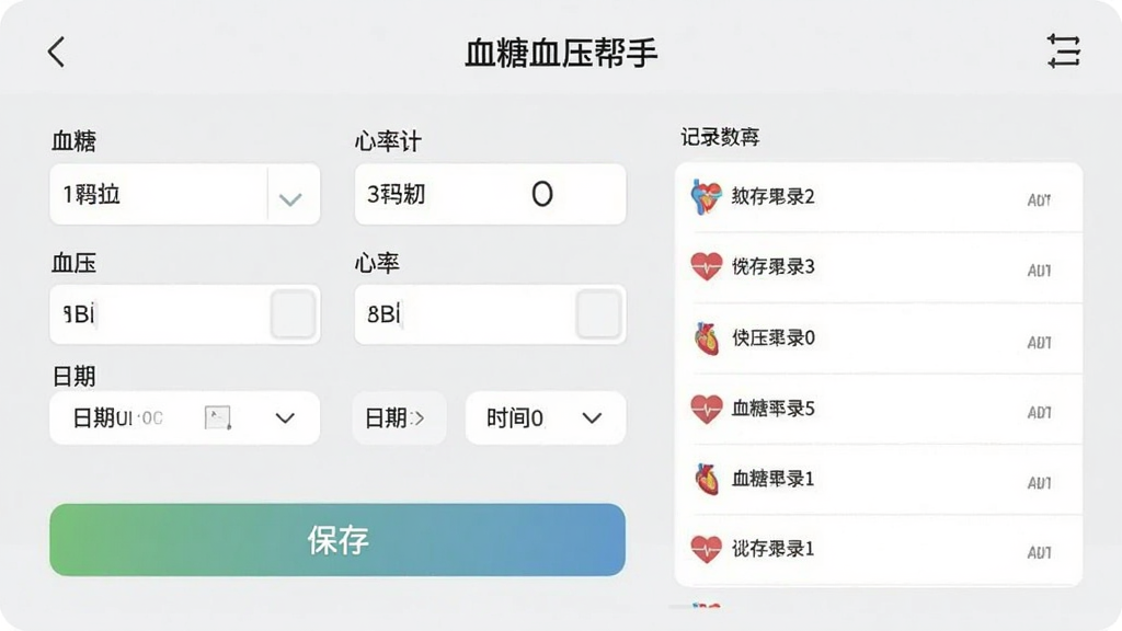 展示“血糖血压帮手”应用的数据记录界面,界面中有清晰的表单,包含血糖、血压、心率输入框,以及日期和时间选择器,背景为浅灰色,整体风格简约,排版规整,细节包括保存按钮和记录列表,画质干净,无多余元素。