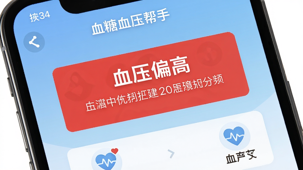 展示“血糖血压帮手”应用的健康预警界面,手机屏幕上有醒目的红色警示框,显示“血压偏高”字样,并附带建议文案,背景为柔和的渐变蓝色,整体风格专业,排版突出警告信息,细节包括健康提示图标,画质干净,无多余元素。