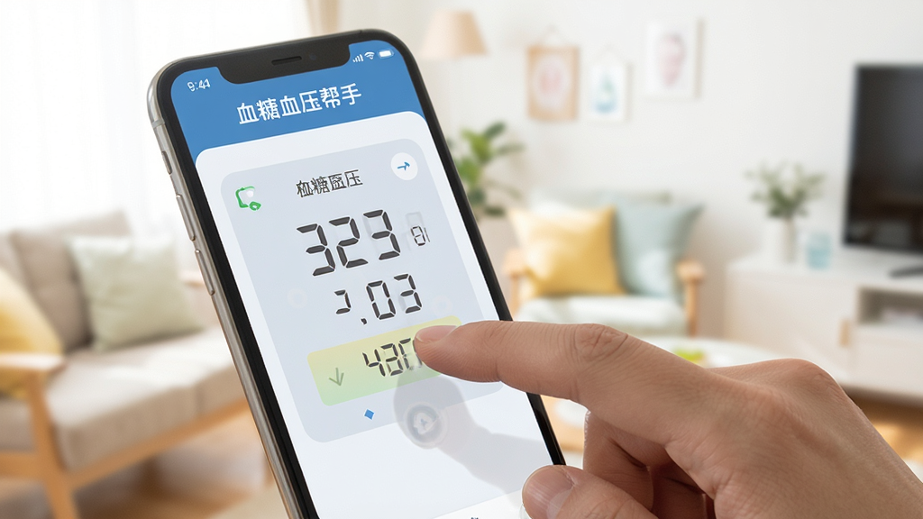 展示“血糖血压帮手”应用在手机上的操作场景,一只手正在点击屏幕录入血压数据,屏幕显示数值输入界面,背景为明亮的居家环境,整体风格自然,排版简洁,细节包括手指点击的瞬间和屏幕上的数字,画质清晰,干净无多余元素。