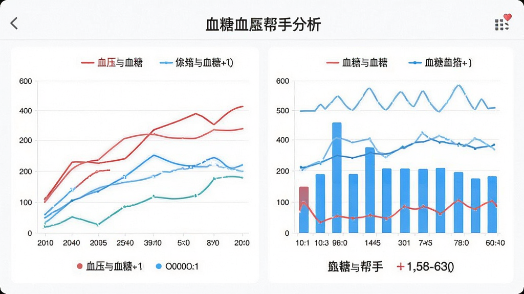 展示“血糖血压帮手”应用内的趋势图表分析界面,屏幕中显示彩色折线图和柱状图,分别用红色和蓝色代表血压与血糖,横轴为日期,纵轴为数值,背景为白色,风格简洁现代,排版清晰,细节包含图例和统计摘要,画质高清,干净无多余元素。