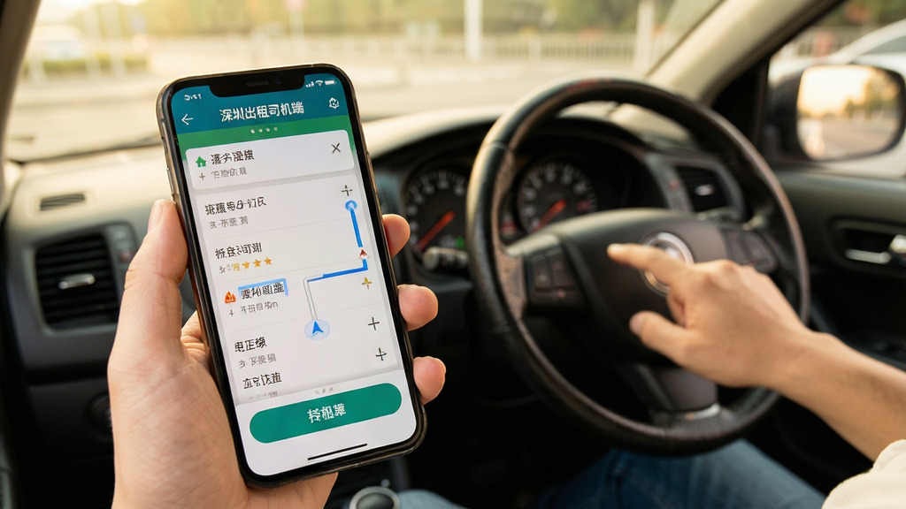 主体:司机手持手机操作接单界面,背景为出租车驾驶室,布局:手机屏幕特写,显示订单详情与导航路线,排版:界面清晰,按钮醒目,风格:写实摄影,暖色调,细节:屏幕文字