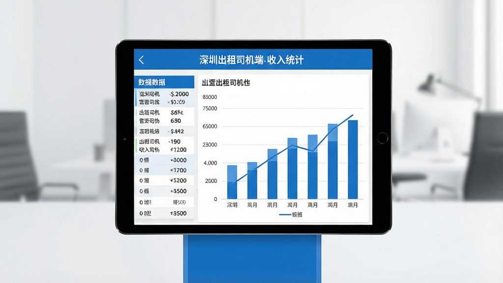 主体:平板电脑展示柱状图与折线图混合的营运报表,布局:报表居中,左侧为数据列表,右侧为图表,排版:图表清晰,数据条理分明,风格:商务简约,蓝白配色,细节:标题为